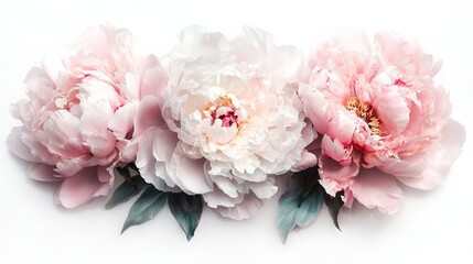  Three pink peonies in a white background with some green foliage at their base
