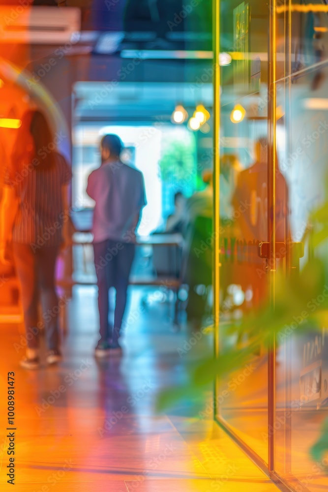 Poster A blurry image of people moving through a structure, possibly an office or shopping center