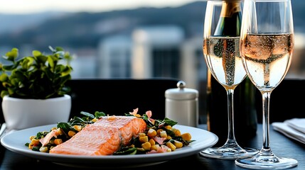   A white plate holds a salmon fillet and a glass of wine Nearby is a plate of mixed greens and another bottle of red wine