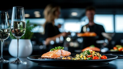   A close-up of a plate of food on a table, with a glass of wine, and a woman in the background