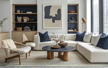 Sleek Living Room with Navy and White Accents. Generative AI