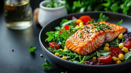   A close-up of a plate with salmon and vegetables next to a glass of wine on a table