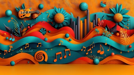   Digital art landscape with vibrant colors, including music notes, flowers, plants, all set against a yellow backdrop