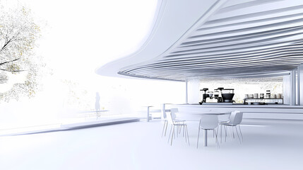 Obraz premium 3D illustration of a modern minimalist coffee shop landscape. Architectural design perspective, construction of a fantasy building.