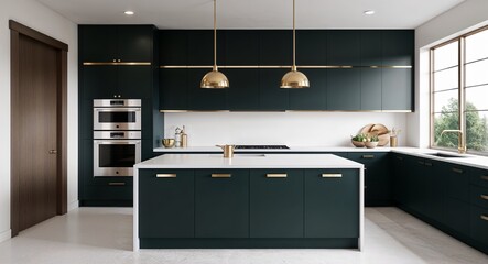 Modern matte cabinetry with gold accents in a chic  minimalist kitchen