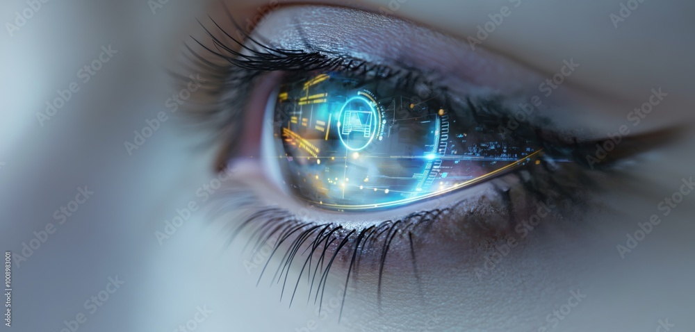 Poster close-up of female eye with advanced smart contact lens scanning ocular retina. digital, biometric i