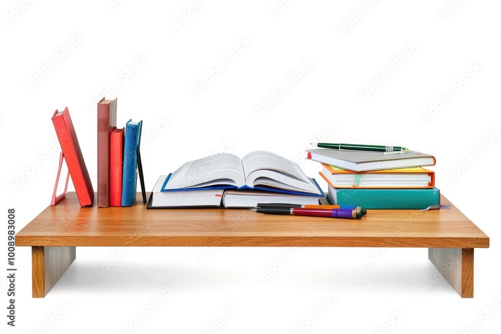 Poster a wooden table covered in a large number of books