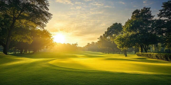 A serene golf course landscape bathed in golden sunlight, featuring lush green grass and calm trees during a peaceful sunset.