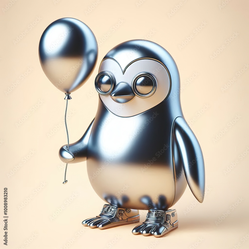 Wall mural a cool and hip silver shinny metallic futuristic penguin holding a balloon character