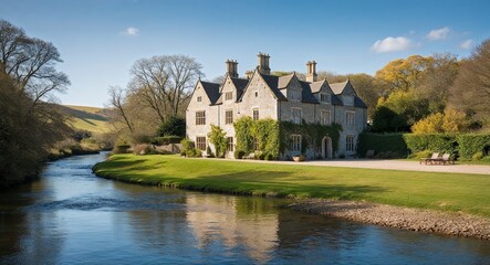 Obraz premium Old stone manor overlooking a tranquil riverbank