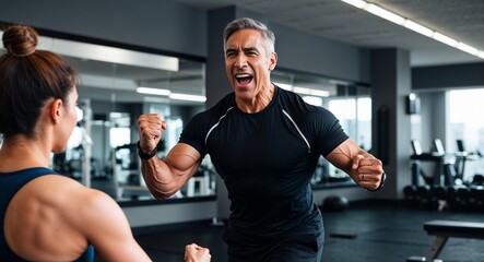 Naklejka premium Passionate middleaged Hispanic trainer energizing a client while exercising at the gym