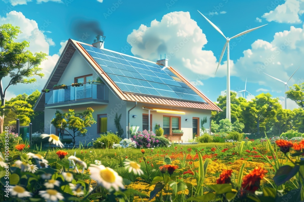 Poster a residential building with a solar panel installed on the roof, suitable for editorial use in envir