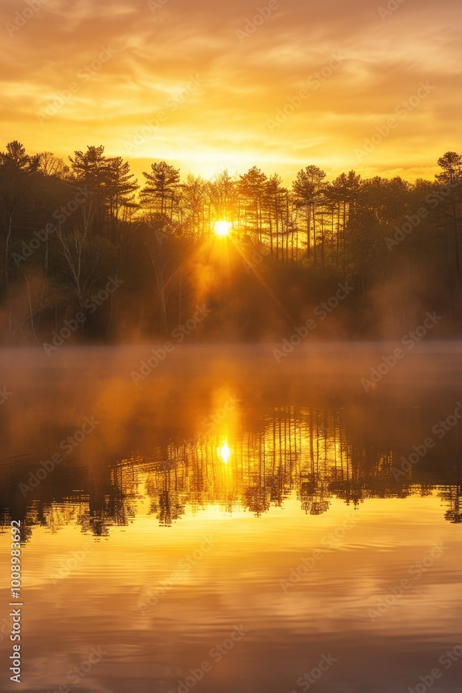 Poster a serene scene of sunset over a calm lake with trees in the background