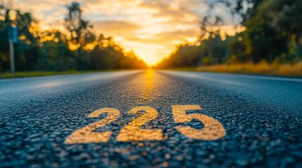 A close-up view of a paved road with the number 225 painted on the asphalt. The sun is setting in the distance, creating a warm glow over the trees on the horizon.