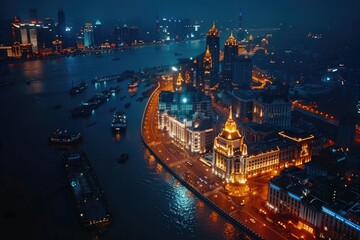 Obraz premium Urban landscape with skyscrapers and streets lit up at night
