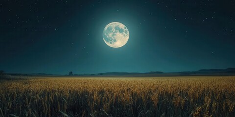 Fototapeta premium A serene night scene featuring a full moon illuminating a golden field under a starry sky, creating a peaceful atmosphere.