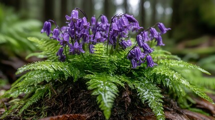 Obraz premium A cluster of vibrant purple blossoms atop a verdant, dense forest canopy brimming with numerous green foliage