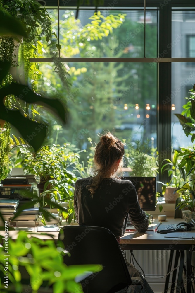 Poster a woman sits at a desk in front of a window, possibly working or studying