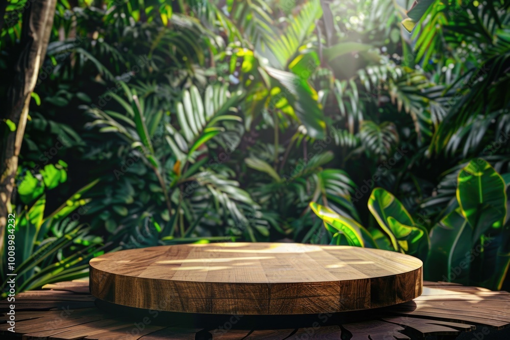 Poster a wooden table surrounded by trees and foliage in a forest environment