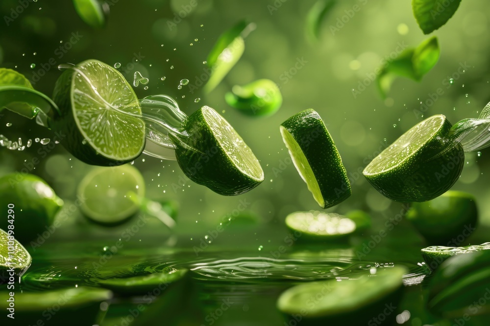 Aufkleber a bunch of limes fall from above into the water, creating ripples and splashes