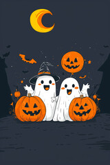 Fototapeta premium two lovely ghosts in a sheet on Halloween night in the forest, with ballons and pumpkins