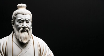 Refined features of a Chinese scholar statue displayed in close detail on a solid black background