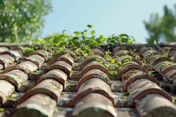 A close-up shot of a roof with lush greenery and foliage growing on it