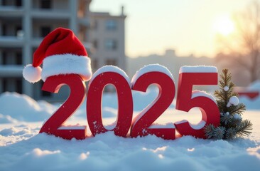 inscription 2025 on snow against the background of construction, New Year greetings, happy new year