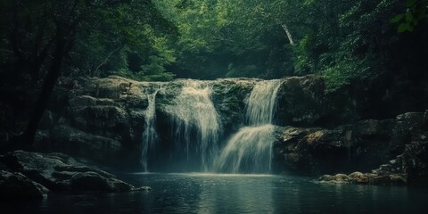Fototapeta premium A serene waterfall cascades into a tranquil pool, surrounded by lush green forest, creating a peaceful natural retreat.