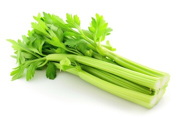 A bundle of fresh celery placed on a clean white surface