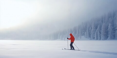 A solitary skier in a red jacket glides across a snow-covered landscape, surrounded by misty trees and serene winter beauty.