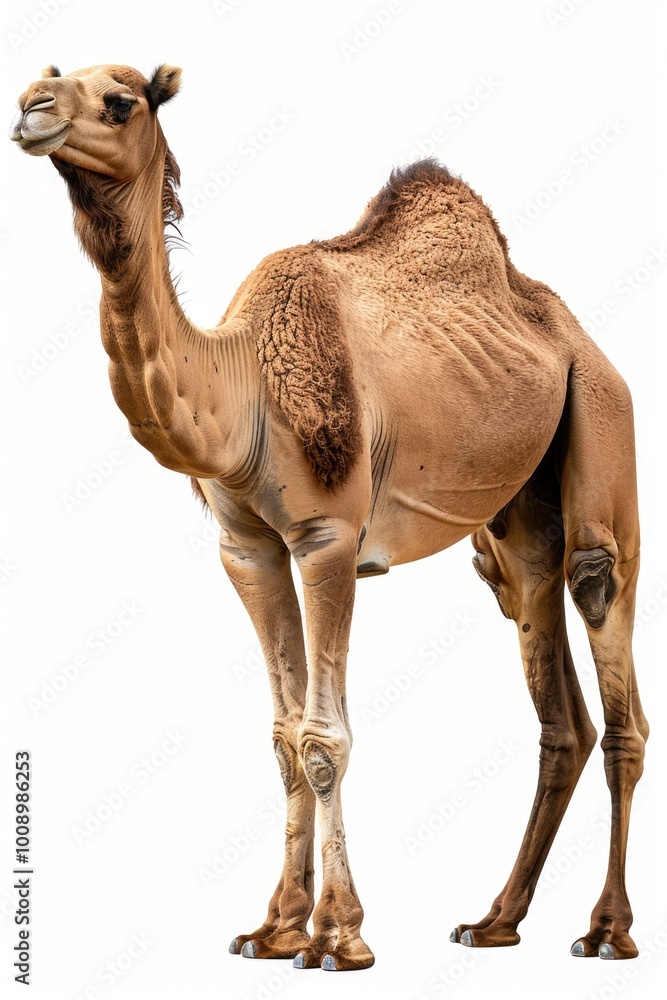 Poster a single camel stands on a white background, offering a unique and exotic image for various uses