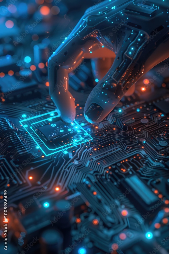 Poster a person's hand touches a circuit board in a close-up shot, suitable for tech-related illustrations 