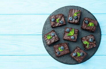 Homemade chocolate brownie photography . Top view