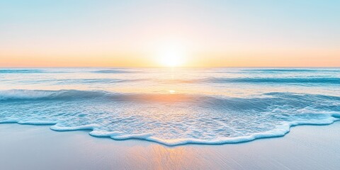 Obraz premium A tranquil ocean scene at sunrise with gentle waves and a colorful sky, perfect for relaxation and reflection.