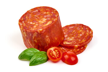 Spanish pork chorizo sausage slices, close-up, isolated on white background