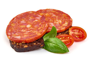 Chorizo sausage, thin cut. Spanish salami, close-up, isolated on white background