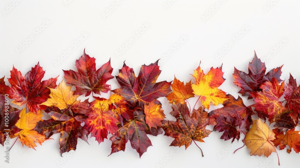 Aufkleber a row of red and yellow autumn leaves on a white surface, great for fall-themed designs and composit