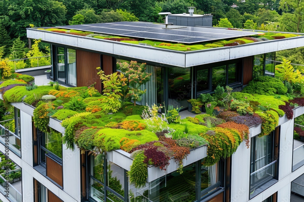 Poster a green roof with plants and trees on a modern building, suitable for architecture or environmental 