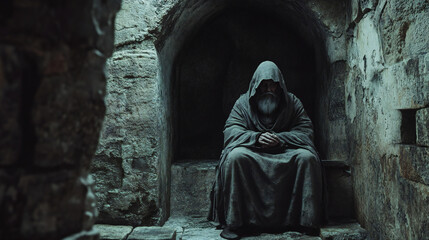 Fototapeta premium A monk with a long beard, in a hooded cloak, with a serious expression on his face.