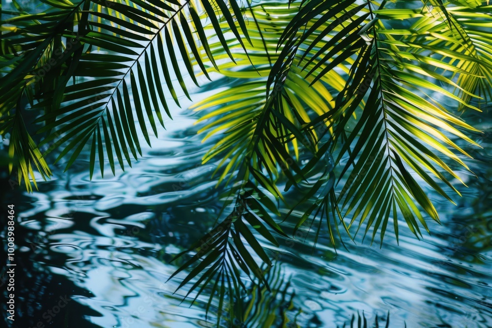 Poster a close-up view of a palm tree against a calm body of water