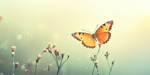 A vibrant orange butterfly gracefully perched on a delicate flower, surrounded by a dreamy, soft-focus nature background.