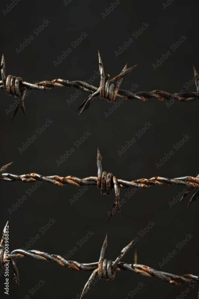 Poster a close-up view of a barbed wire fence, suitable for use in architectural or industrial settings