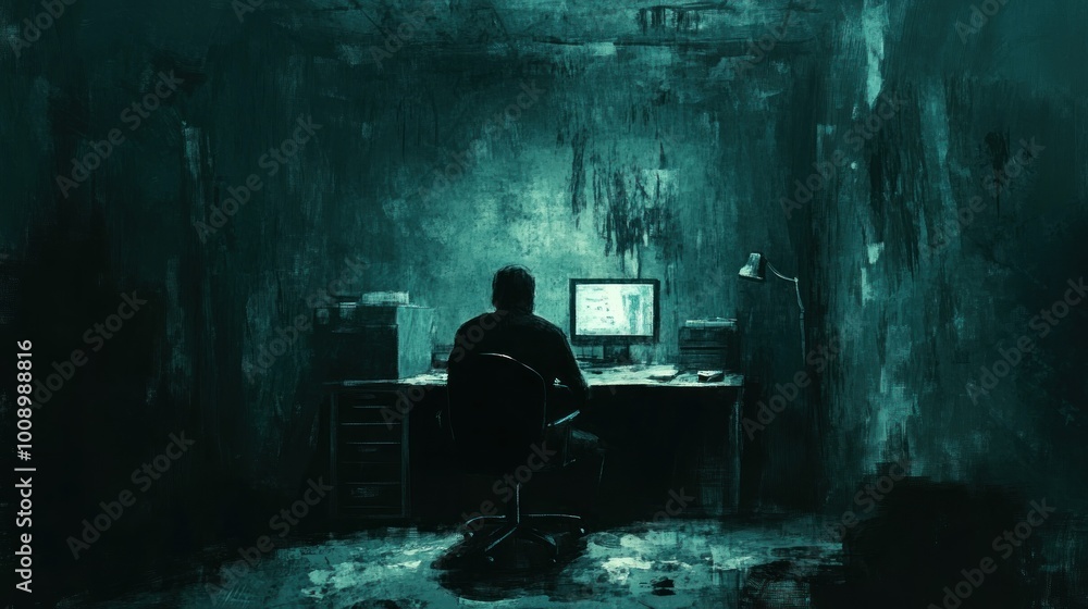Poster a silhouetted figure working late at a computer in a dark room
