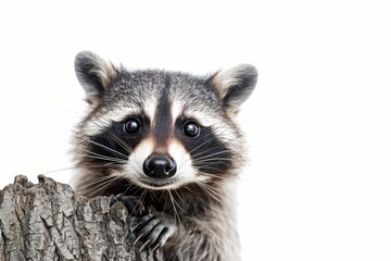 A curious raccoon looks directly into the camera, its masked face and inquisitive gaze making it seem almost human