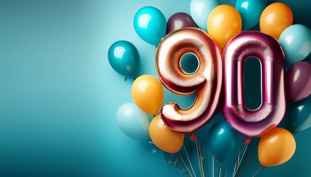 Banner with number 90 colorful balloons with copy space