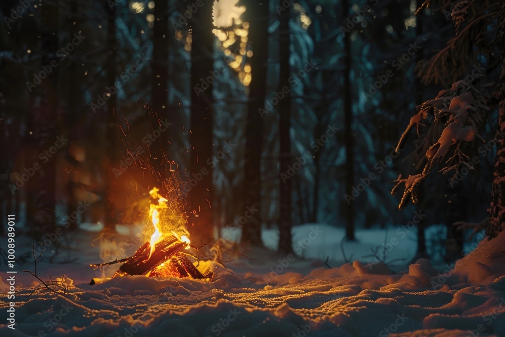 Wall mural A warm campfire in a snowy forest scene, perfect for outdoor and winter-themed projects