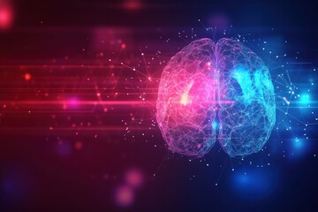 Obraz premium Human brain activity with plexus lines.. External cerebral connections in the frontal lobe. Communication, psychology, artificial intelligence or AI, cognition concepts illustration with copy space.