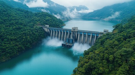 Fototapeta premium Aerial view of a hydroelectric dam with the reservoir and power station visible, set in a mountainous area with dense forests, illustrating sustainable energy infrastructure.