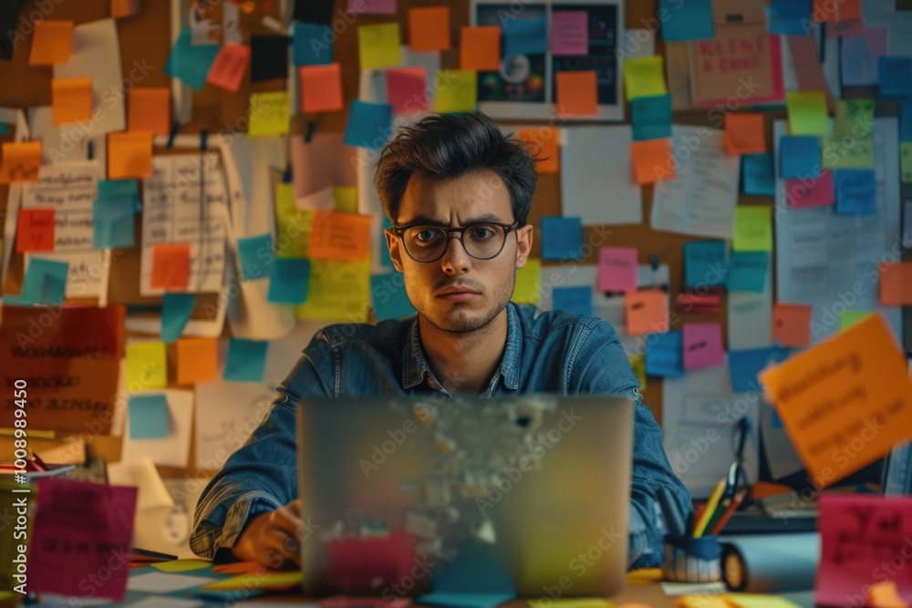 Poster a person sitting in front of a laptop with a thoughtful expression, possibly working or studying